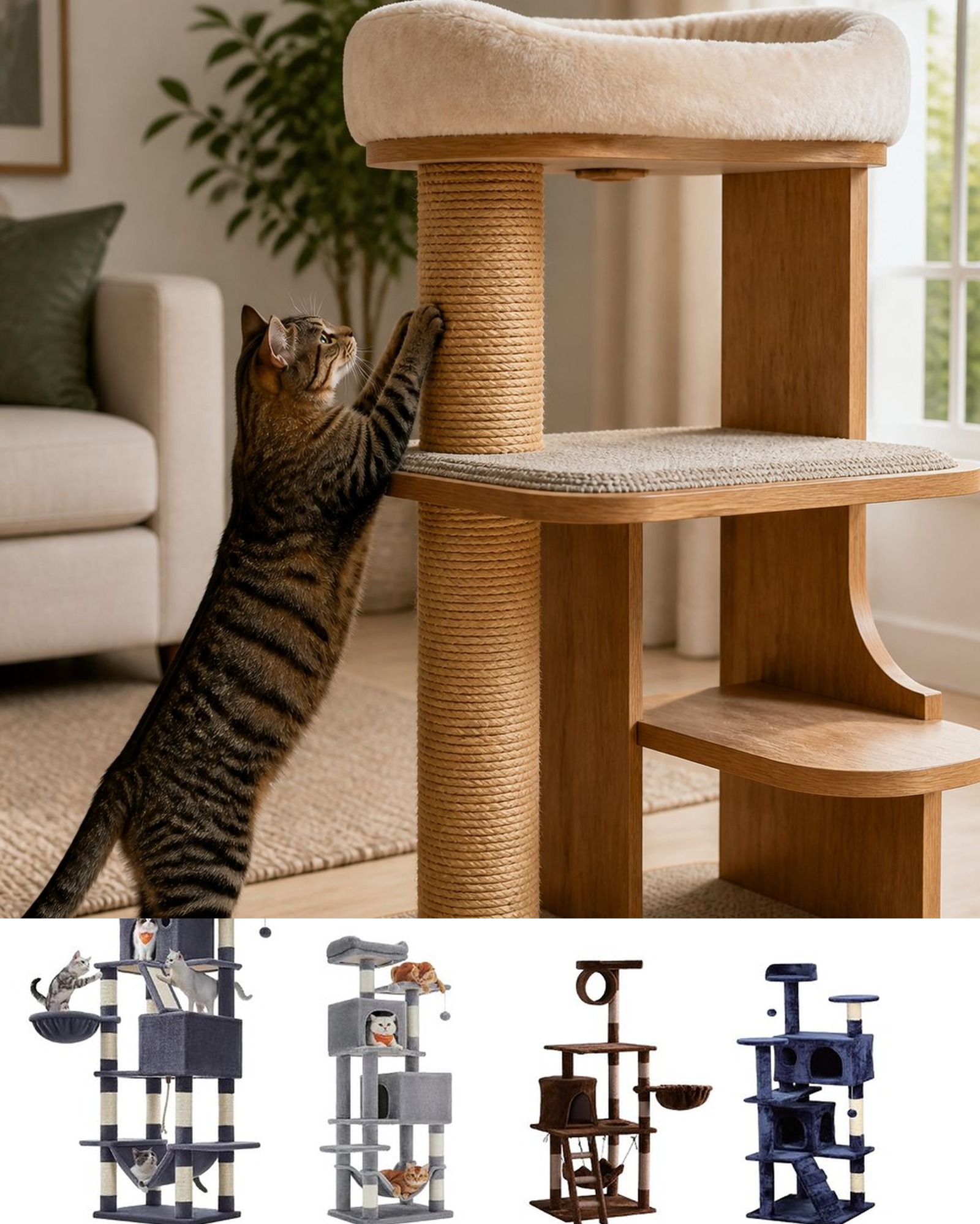 Cat scratching a sisal post on a wooden cat tree