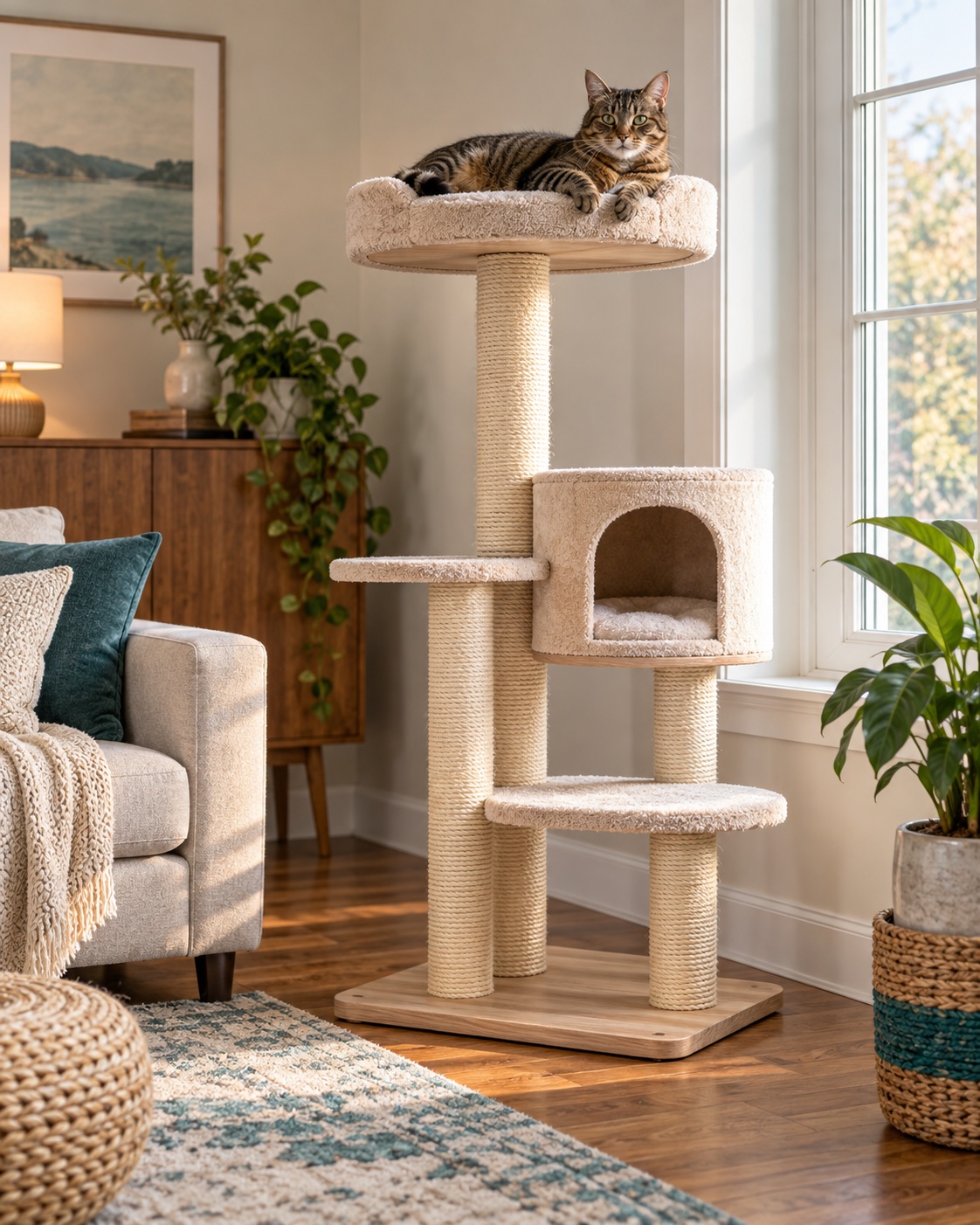 Tabby cat resting on a sturdy multi-level cat tree beside a secure sunlit window