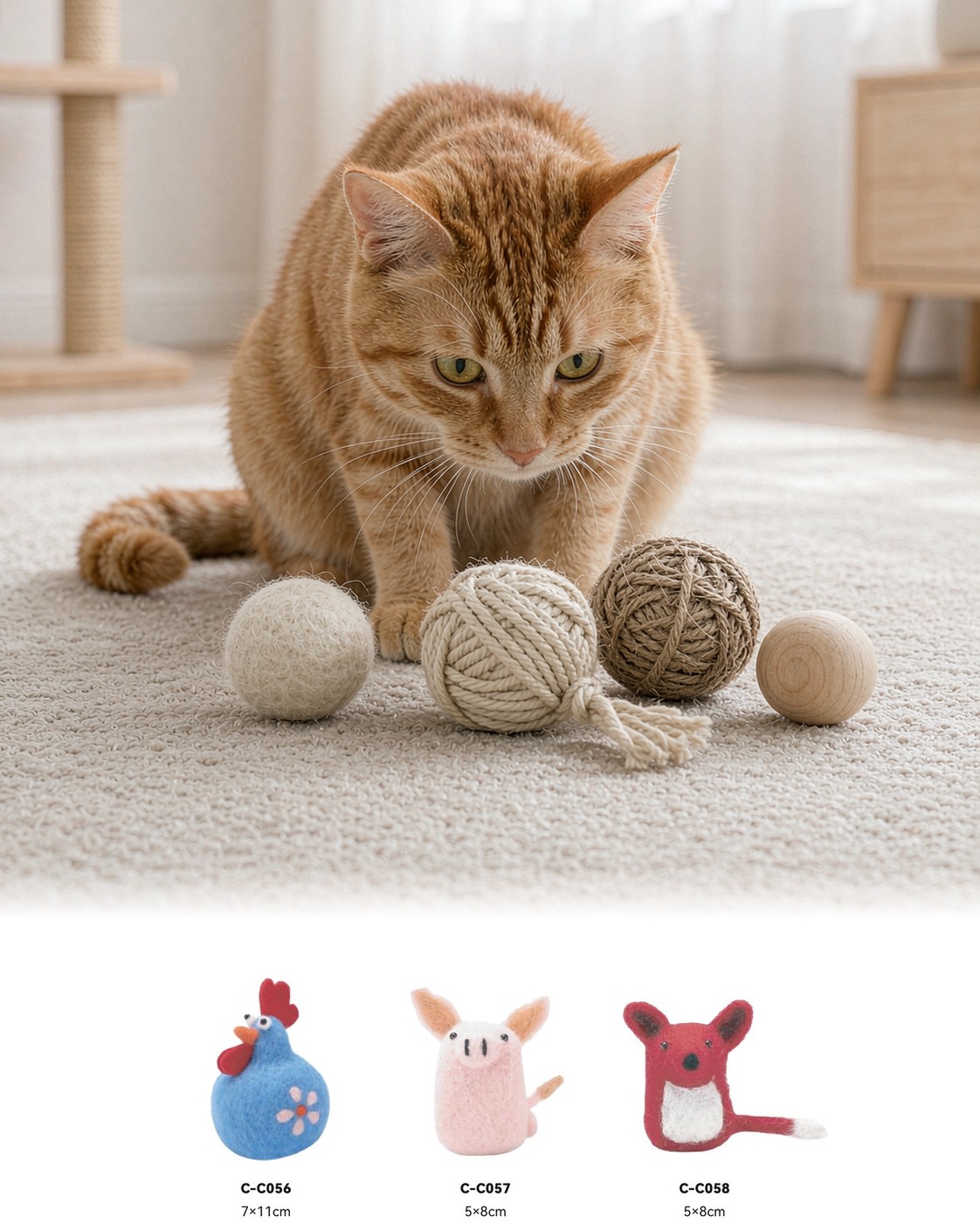 Orange tabby cat sniffing wool felt, cotton rope, sisal and wooden ball toys on a carpet, with PawMivo Wool Series felt toys C-C056 to C-C058 below
