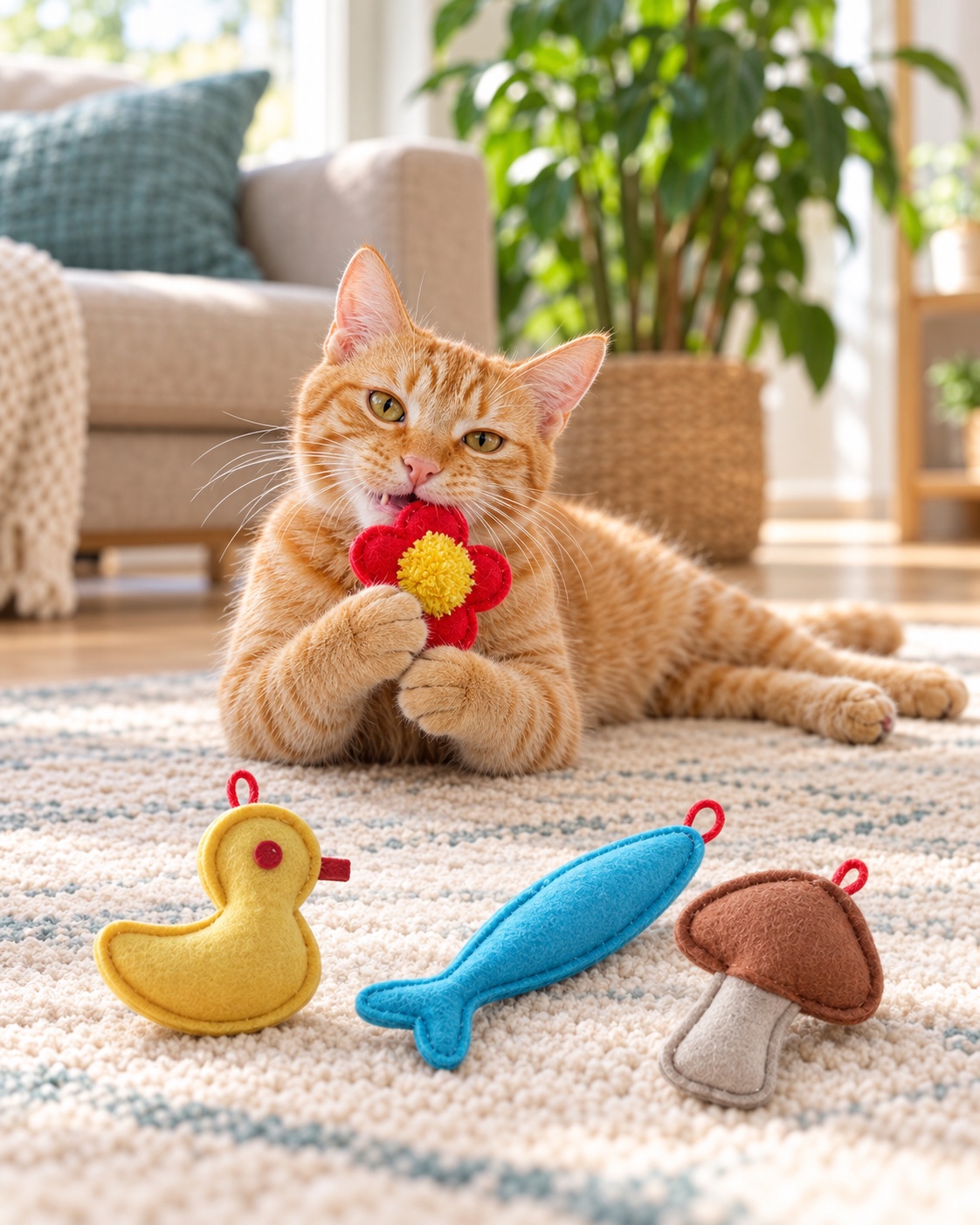 Orange tabby cat playing with a red felt flower catnip toy beside duck, fish and mushroom felt toys