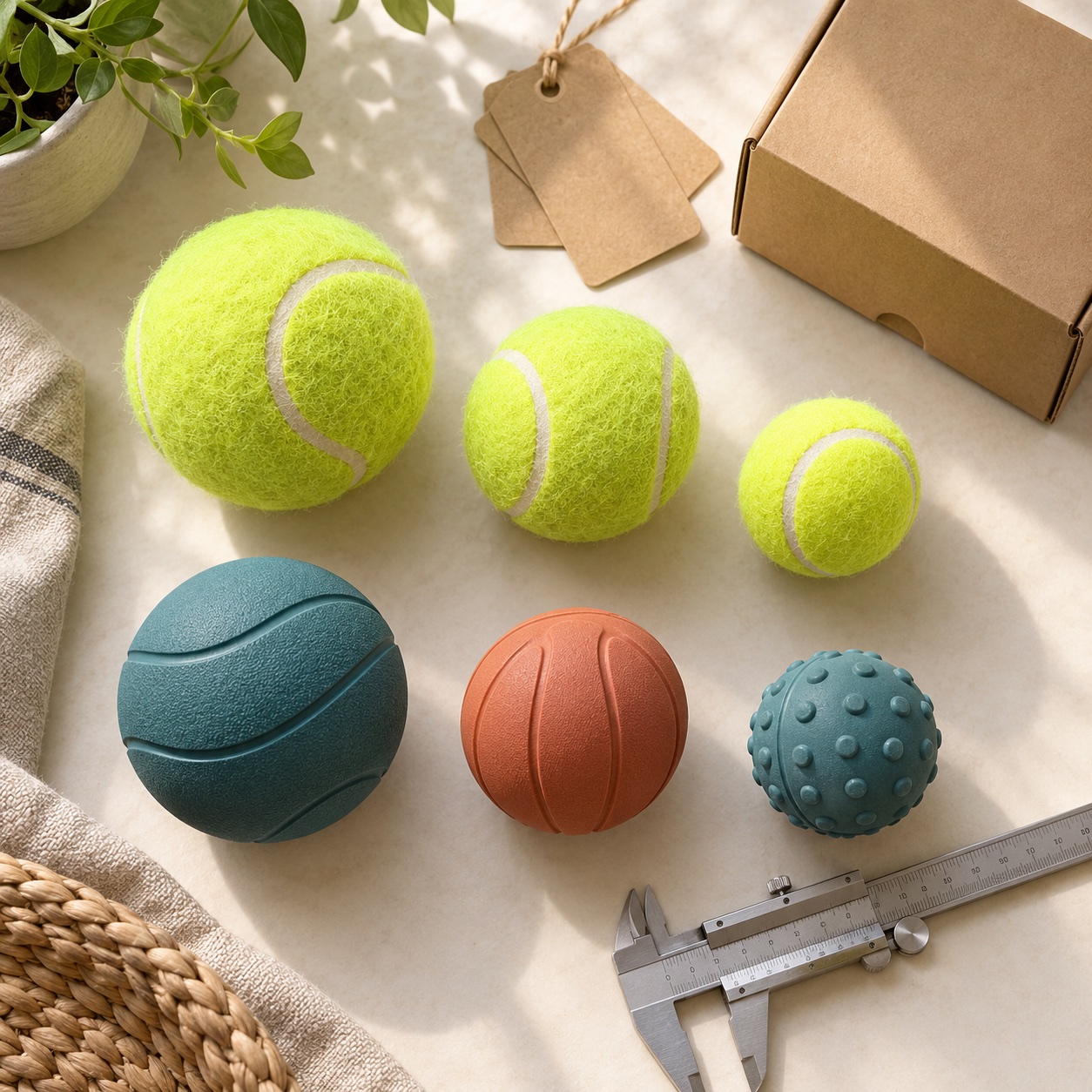 Illustrative dog ball sample review with felt-covered tennis balls, molded rubber balls, a caliper and blank kraft packaging