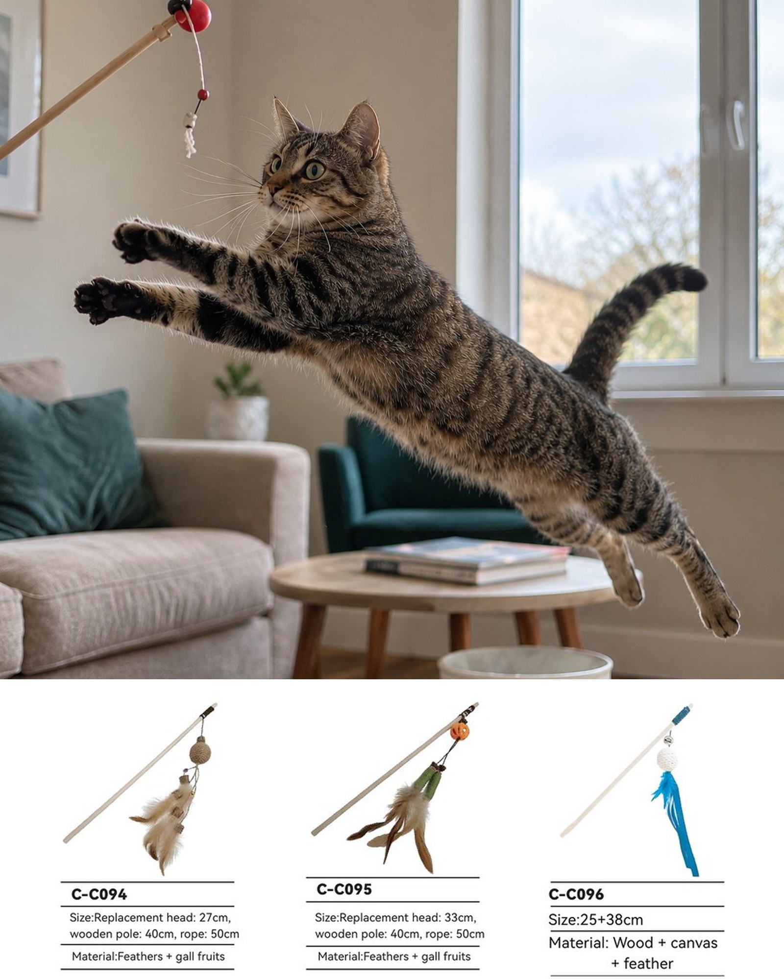 A tabby cat leaping to catch a feather teaser wand in a bright living room, with a row of PawMivo teaser wands below