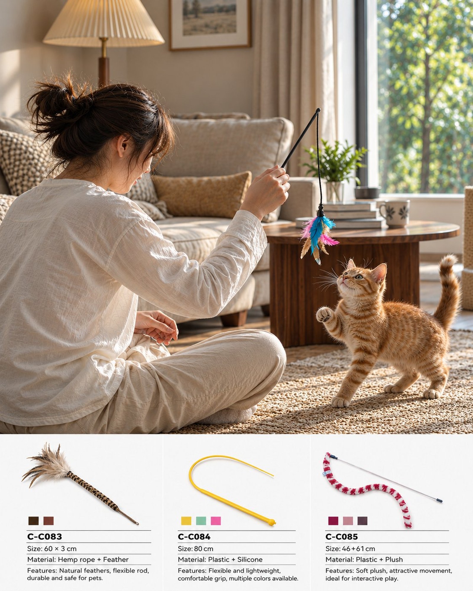 A woman playing with an orange tabby cat using a feather teaser wand in a bright living room, with a row of PawMivo teaser wands below