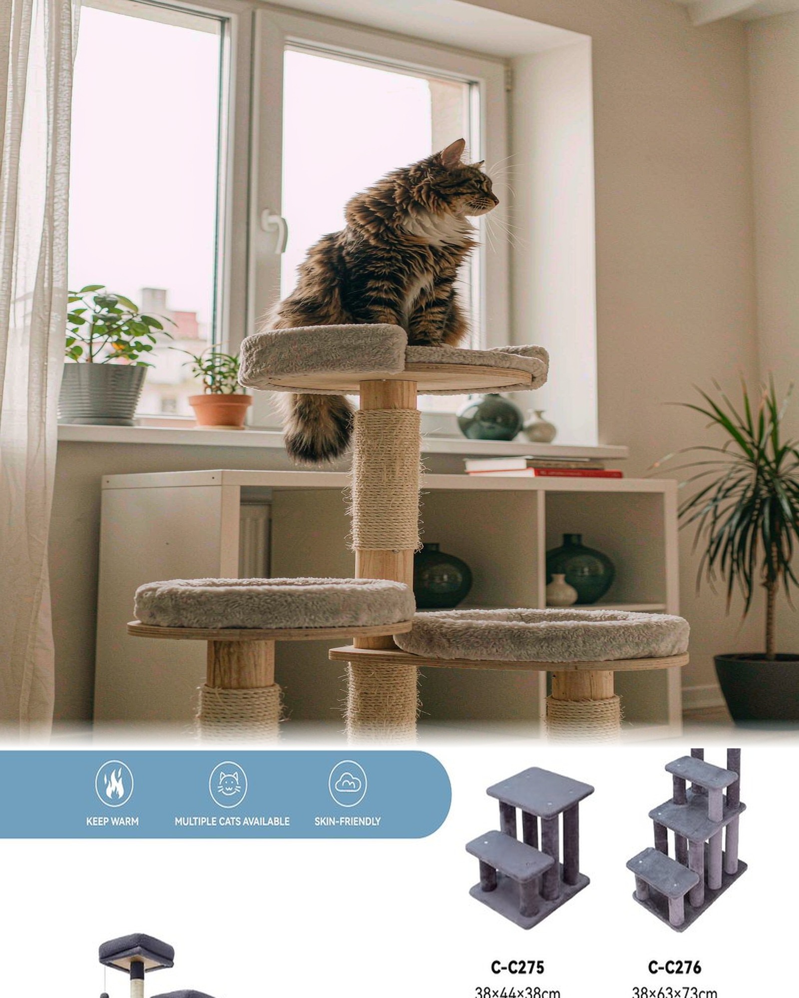 Cat sitting on the top perch of a tall cat tree