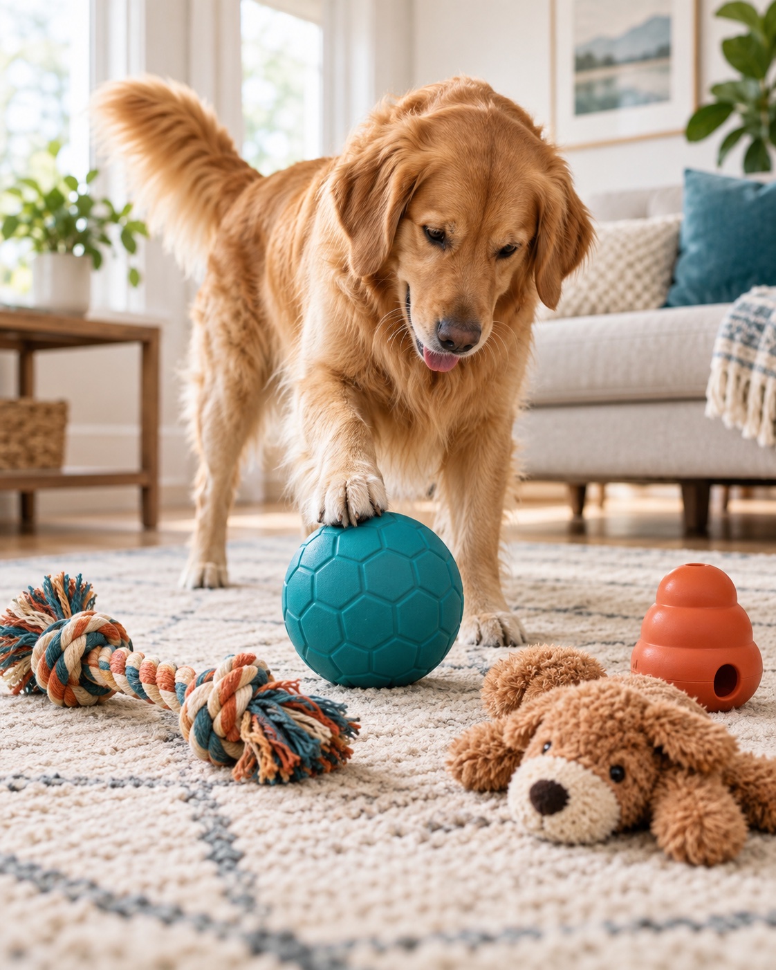 Golden retriever choosing between a large rubber ball, rope tug, plush dog toy and treat-dispensing toy