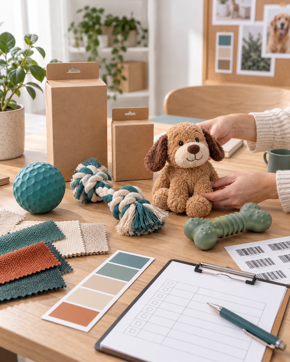 Private-label dog toy samples, blank kraft packaging, material swatches and an order-planning sheet for pet toy MOQ review