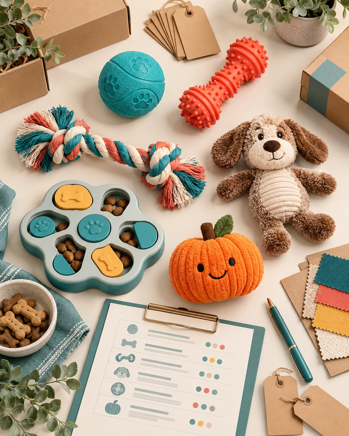 Six wholesale dog toy types with kraft packaging, material swatches and a retail assortment planning sheet