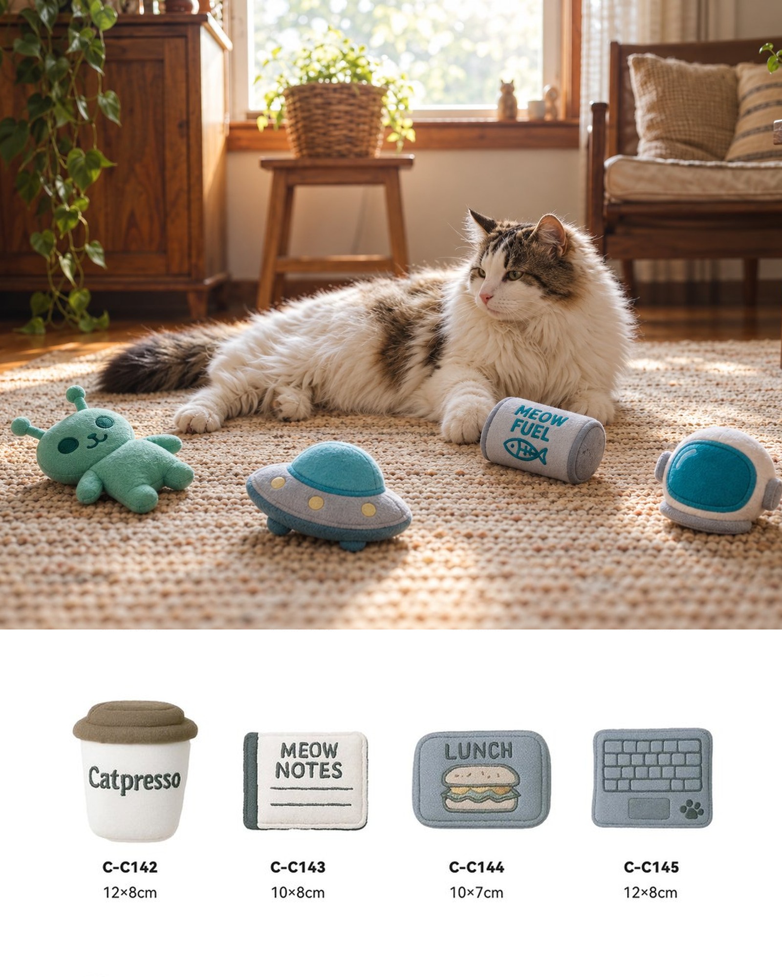 A fluffy cat lying on a rug calmly watching felt cat toys scattered nearby, with PawMivo Felt Series plush toys below